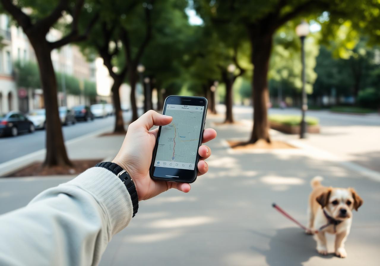 A hand holding a phone showing a GPS map while walking a small dog