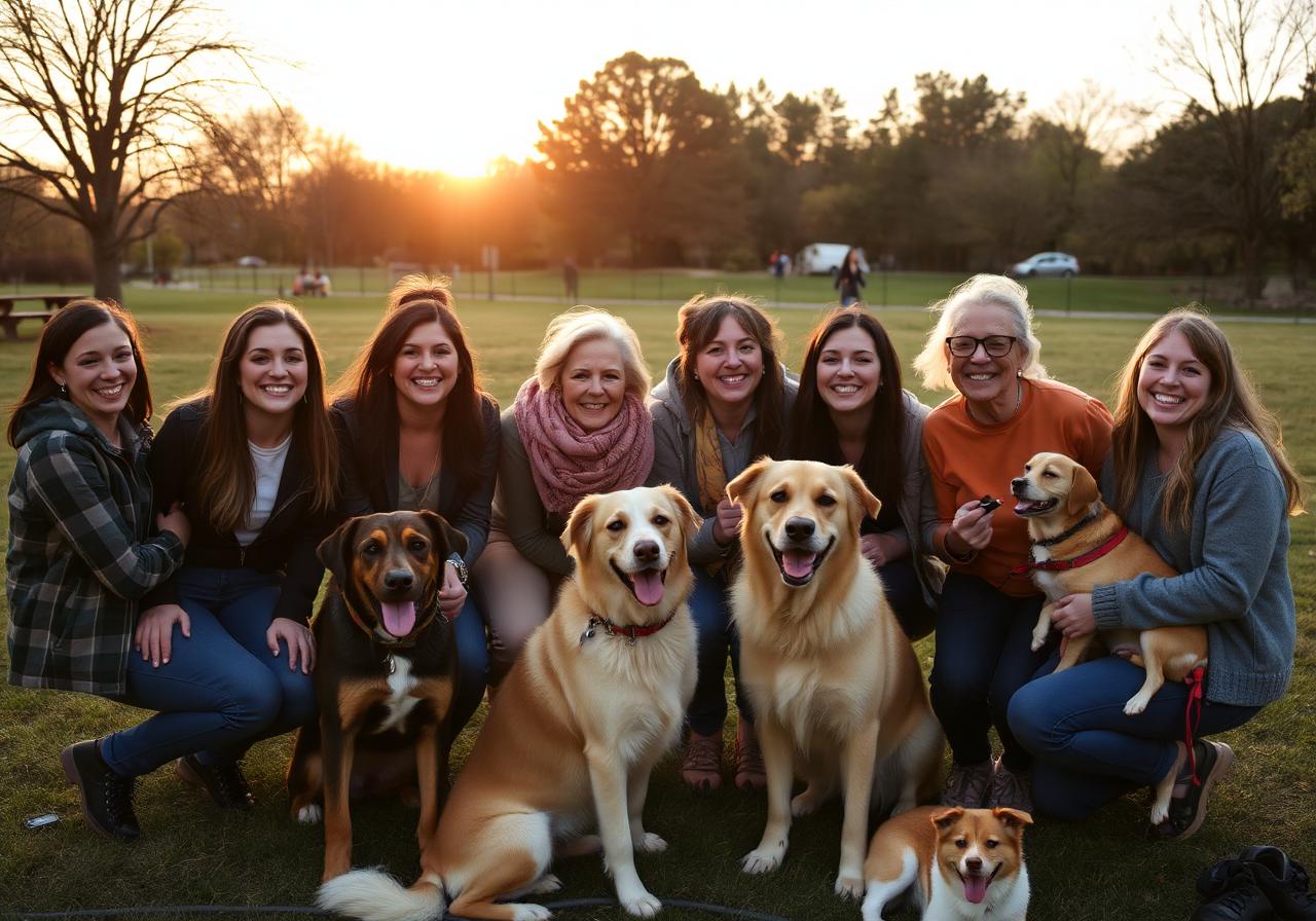 A diverse group of friends with their dogs gathered together at sunset in a community park