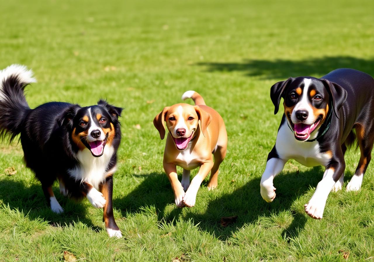 Three happy dogs of different breeds playing together in a grassy park