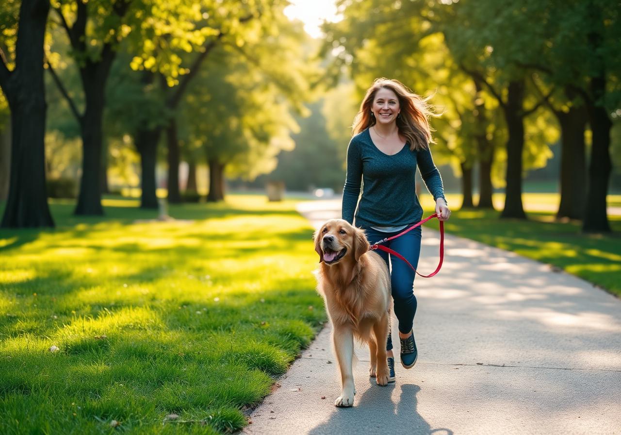 A person walking a golden retriever on a sunlit park path