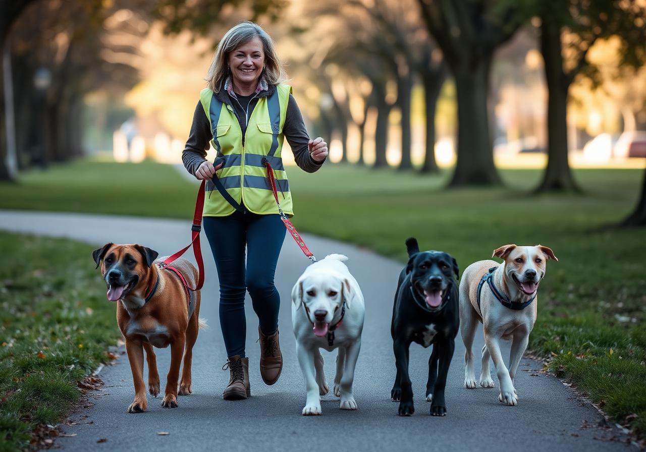 Professional dog walker in a reflective vest leading several dogs along a park path