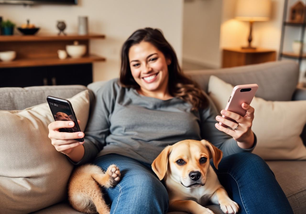 A smiling owner setting up a pet profile on a phone with their dog beside them
