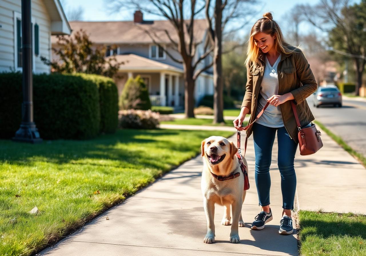 Friendly dog walker greeting a happy dog and its owner on a sunny suburban sidewalk